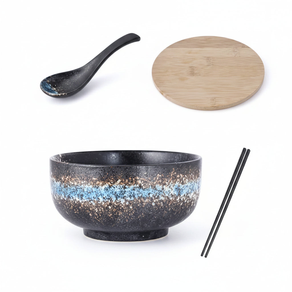 Japanese Style Ceramic Bowl with Lid, Single Noodle Bowl, 