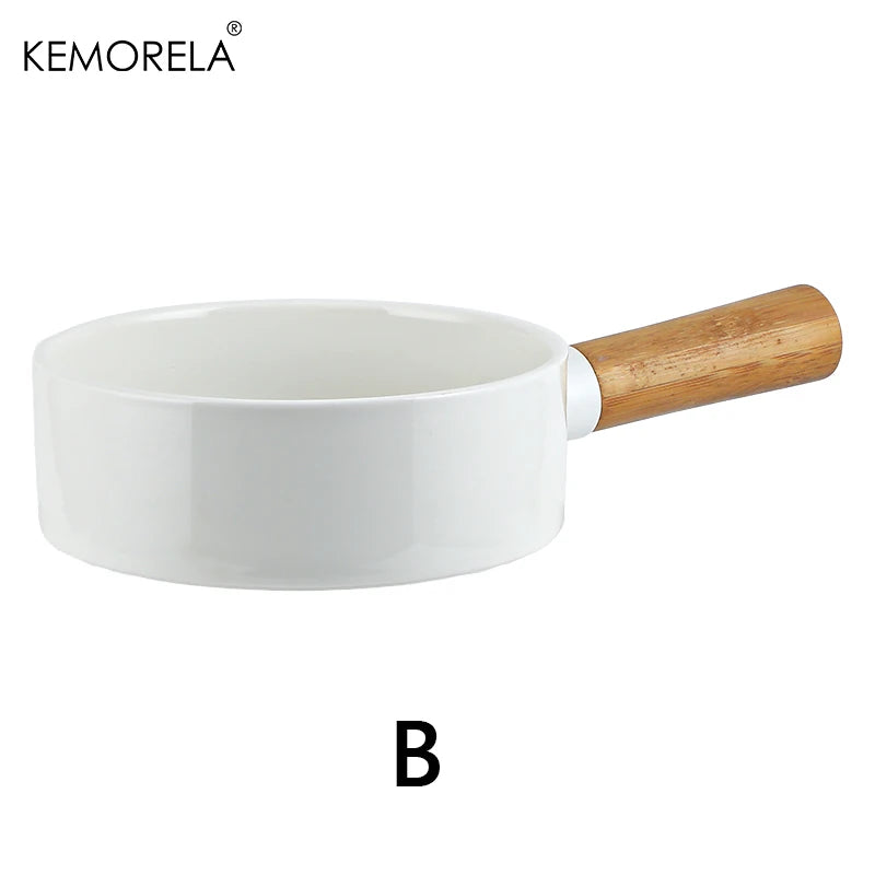 1 PC Ceramic Salad Bowl with Wooden Handle Pasta Salad Household Ceramic Bowl Dinner Plate Western Steak Tableware