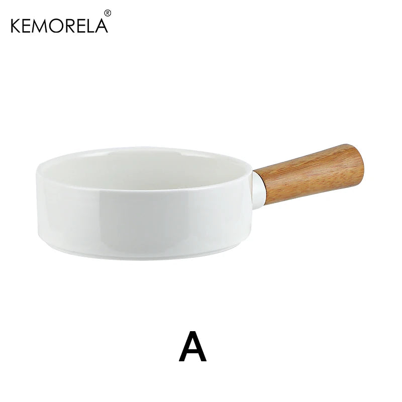 1 PC Ceramic Salad Bowl with Wooden Handle Pasta Salad Household Ceramic Bowl Dinner Plate Western Steak Tableware