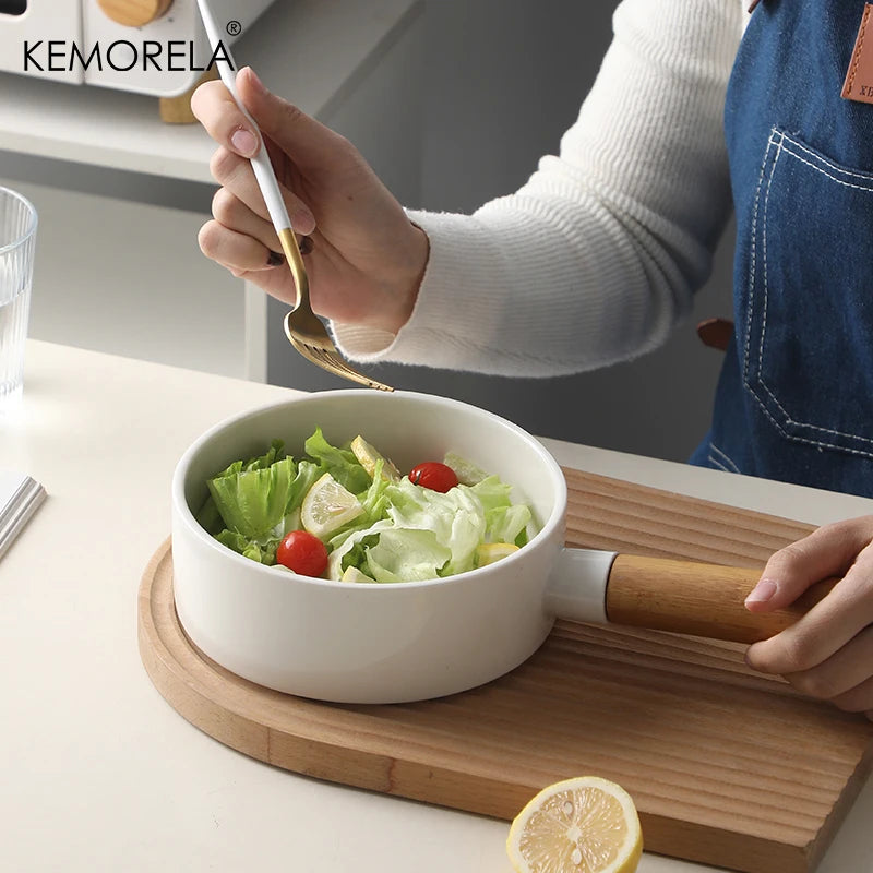 1 PC Ceramic Salad Bowl with Wooden Handle Pasta Salad Household Ceramic Bowl Dinner Plate Western Steak Tableware