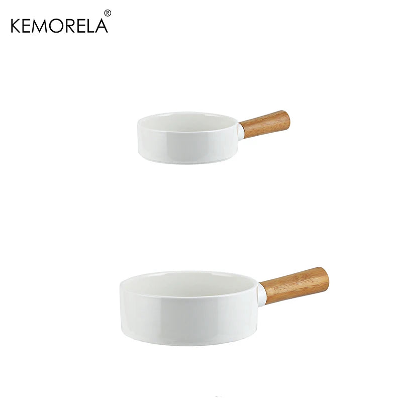 1 PC Ceramic Salad Bowl with Wooden Handle Pasta Salad Household Ceramic Bowl Dinner Plate Western Steak Tableware