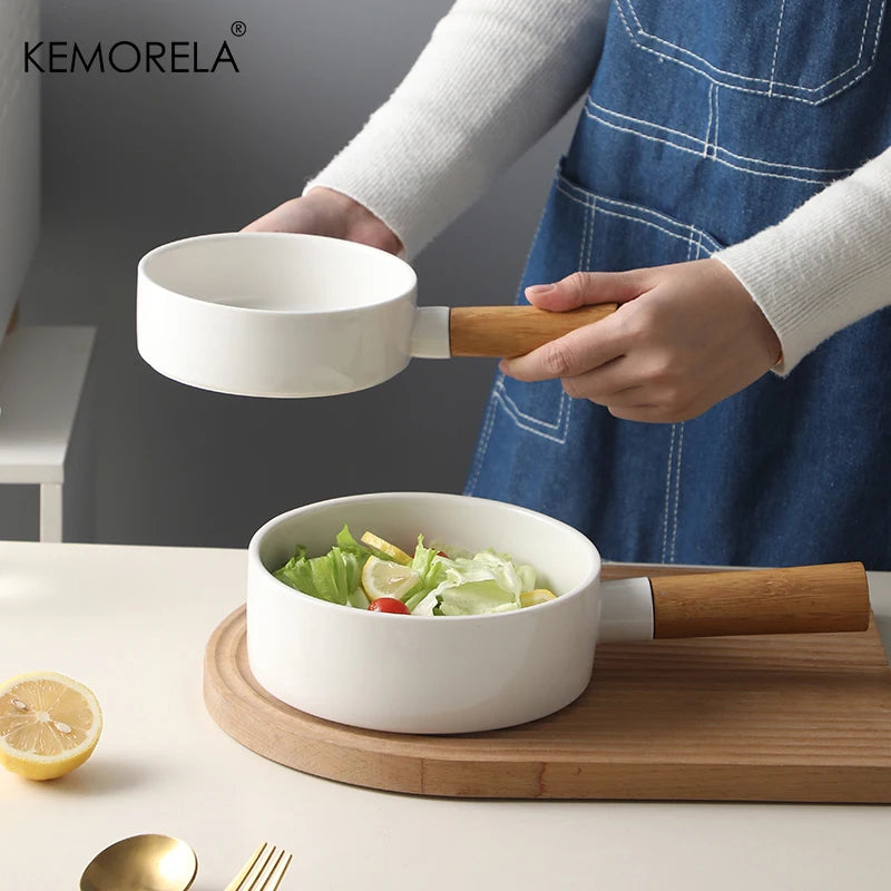 1 PC Ceramic Salad Bowl with Wooden Handle Pasta Salad Household Ceramic Bowl Dinner Plate Western Steak Tableware