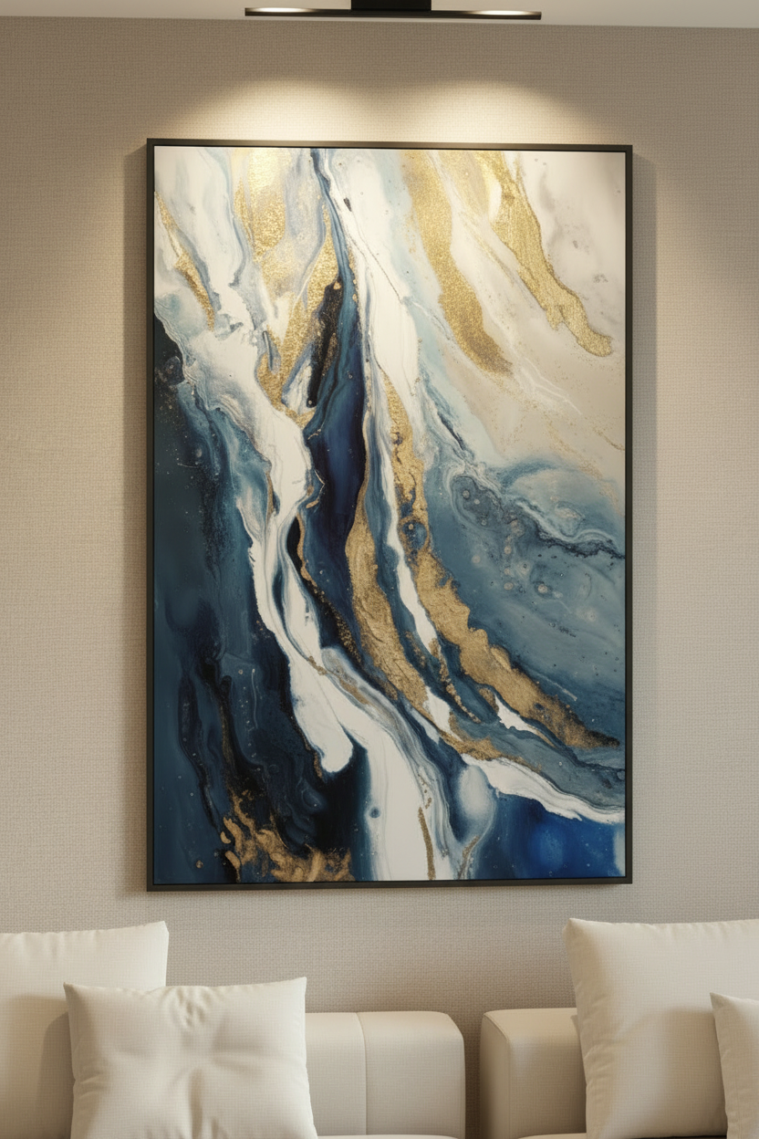 Abstract art painting with blue and gold tones on a wall above a sofa.