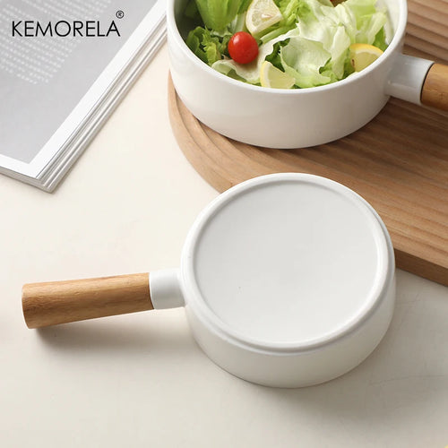 1 PC Ceramic Salad Bowl with Wooden Handle Pasta Salad Household Ceramic Bowl Dinner Plate Western Steak Tableware