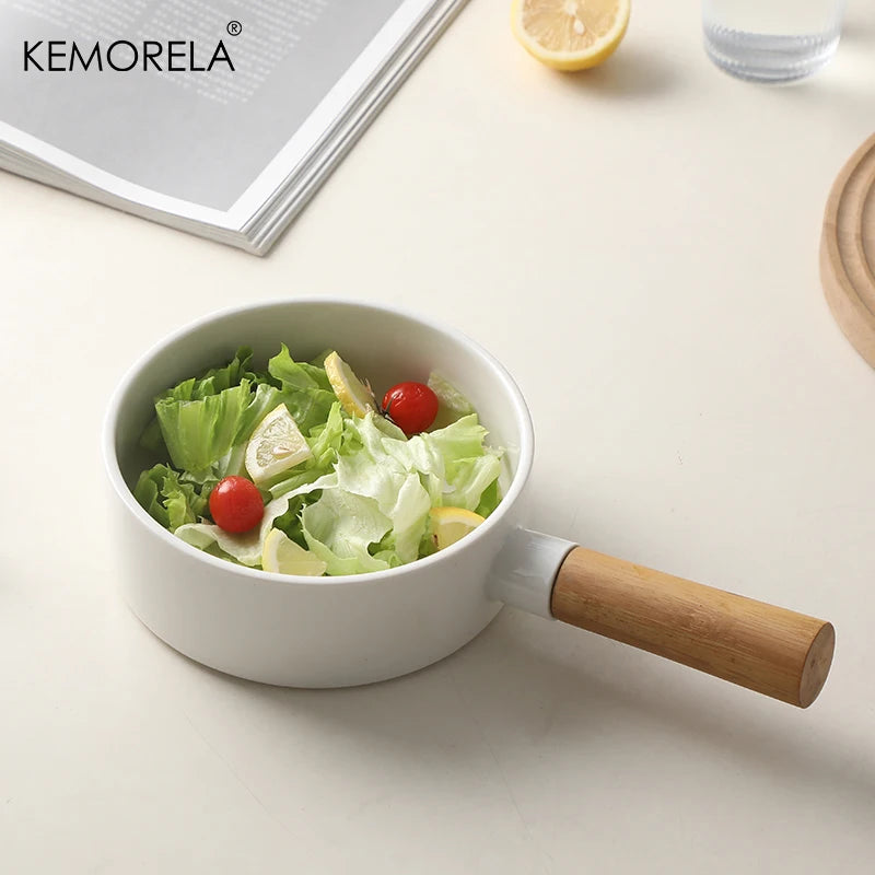 1 PC Ceramic Salad Bowl with Wooden Handle Pasta Salad Household Ceramic Bowl Dinner Plate Western Steak Tableware