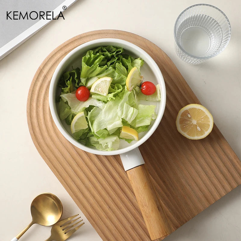 1 PC Ceramic Salad Bowl with Wooden Handle Pasta Salad Household Ceramic Bowl Dinner Plate Western Steak Tableware
