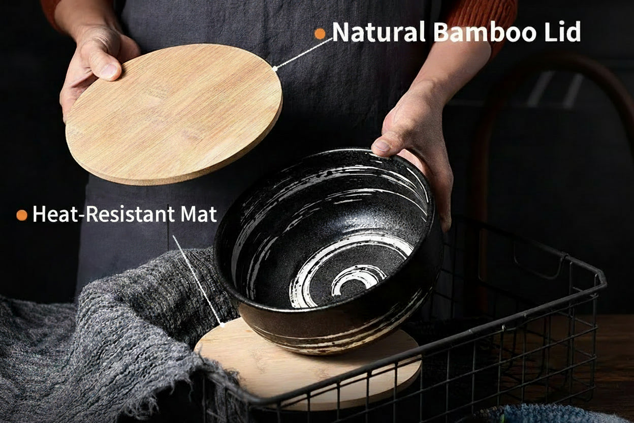 Japanese Style Ceramic Bowl with Lid, Single Noodle Bowl, Creative Instant Noodle Bowl