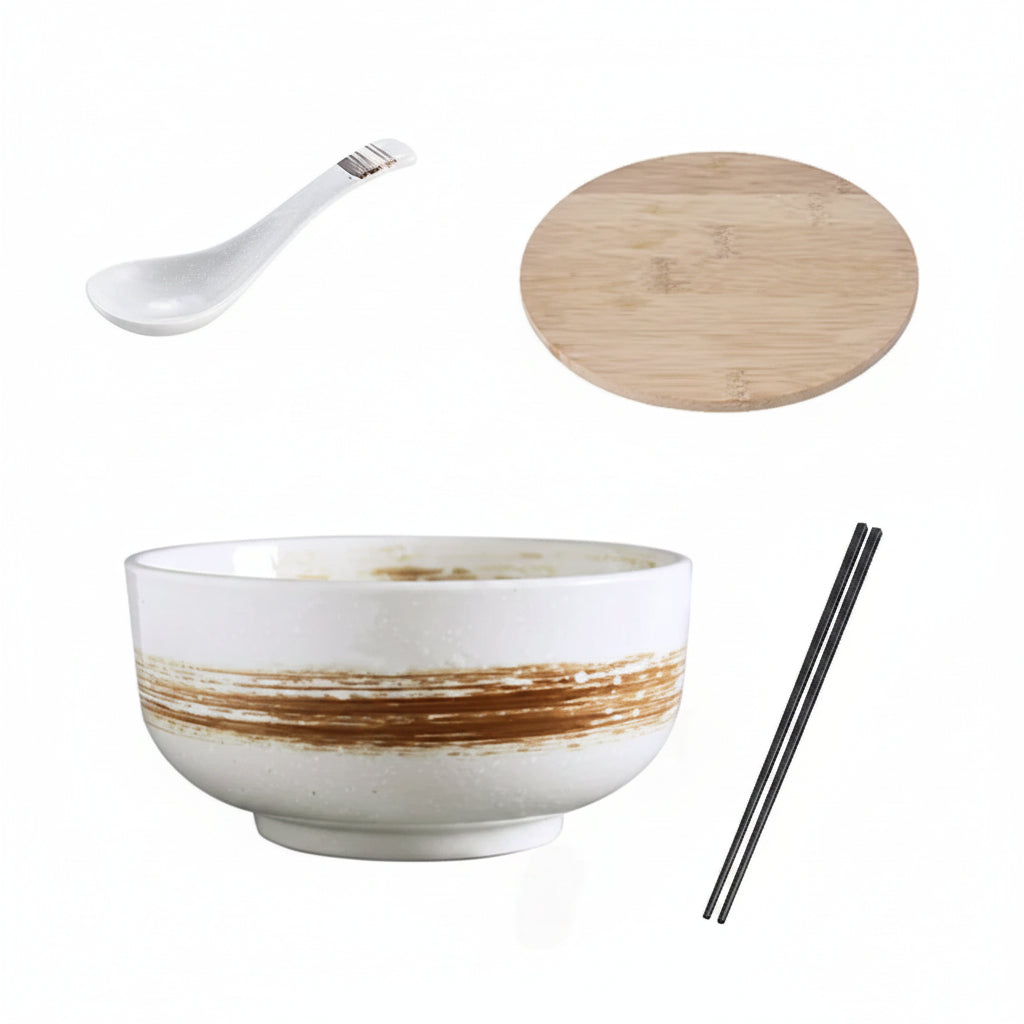 Japanese Style Ceramic Bowl with Lid, Single Noodle Bowl, 