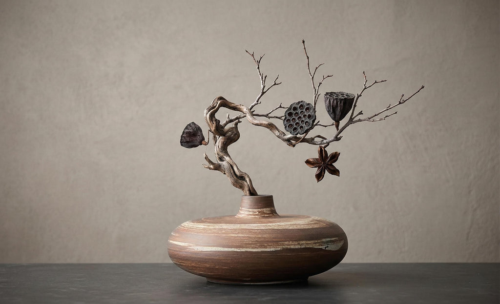 Wabi Sabi Terracotta Vase - Earthy Striped Ceramic Pottery